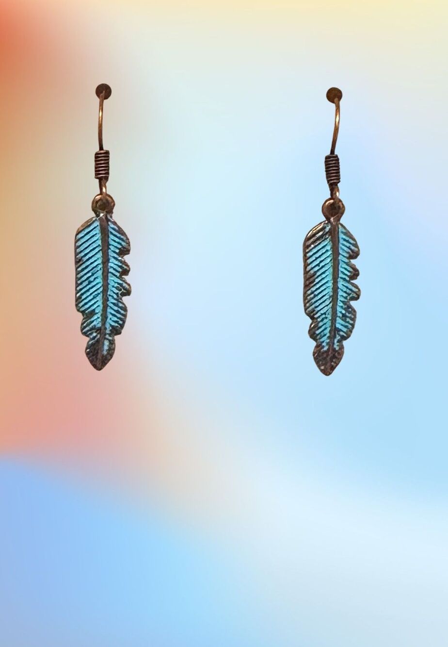 Patina Copper Feather on Copper Earrings #2156